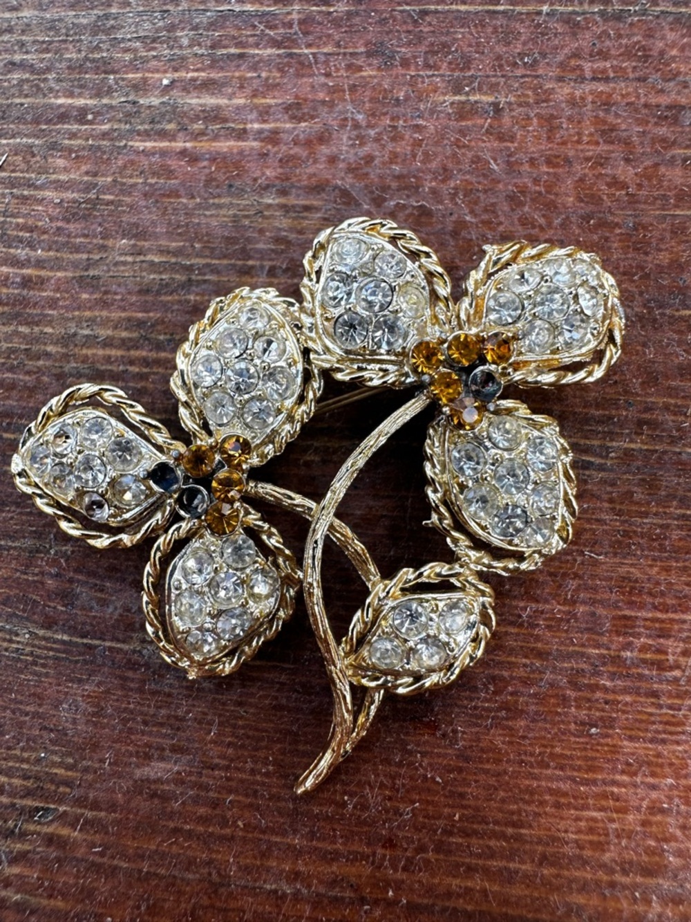 Vintage Rhinestone Floral Brooch – Clear & Topaz Crystal Flower Spray - Picture 4 of 6